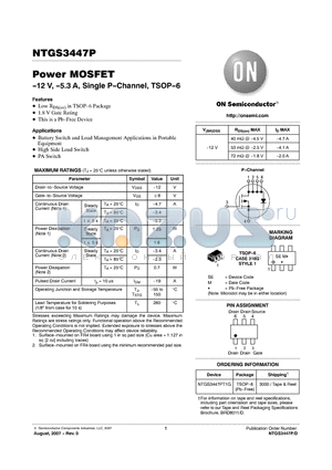 NTGS3447PT1G datasheet - Power MOSFET -12 V, -5.3 A, Single P-Channel, TSOP-6