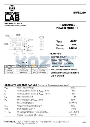 IRFE9230 datasheet - P-CHANNEL POWER MOSFET