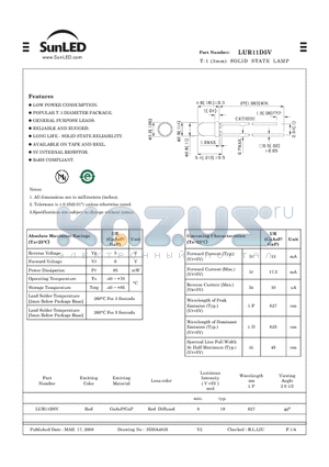 LUR11D5V datasheet - T-1 (3mm) SOLID STATE LAMP