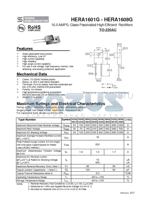 HERA1607G datasheet - 16.0 AMPS. Glass Passivated High Efficient Rectifiers