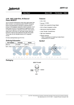 IRFF110 datasheet - 3.5A, 100V, 0.600 Ohm, N-Channel Power MOSFET