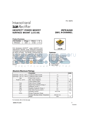 IRFEA240 datasheet - HEXFET POWER MOSFET SURFACE MOUNT (LCC-28)