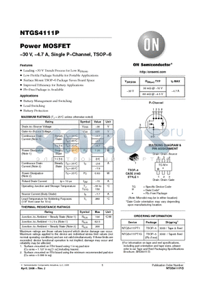 NTGS4111P datasheet - Power MOSFET (-30 V, -4.7 A, Single P-Channel, TSOP-6)