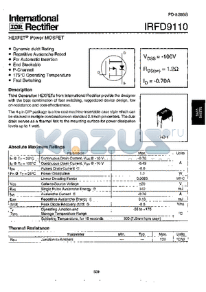 IRFD9110 datasheet - Power MOSFET(Vdss=-100V, Rds(on)=1.2ohm, Id=-0.70A)