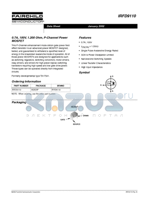 IRFD9110 datasheet - 0.7A, 100V, 1.200 Ohm, P-Channel Power MOSFET