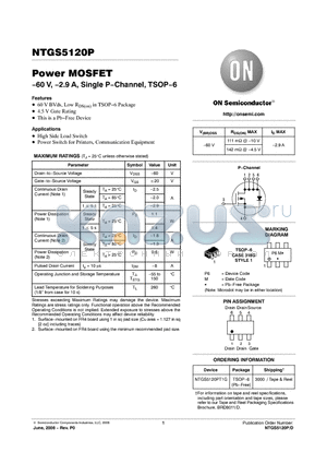 NTGS5120PT1G datasheet - Power MOSFET −60 V, −2.9 A, Single P−Channel, TSOP−6