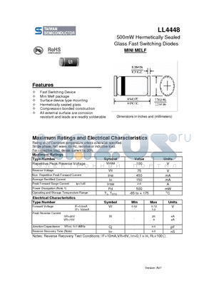 LL4448 datasheet - 500mW Hermetically Sealed Glass Fast Switching Diodes