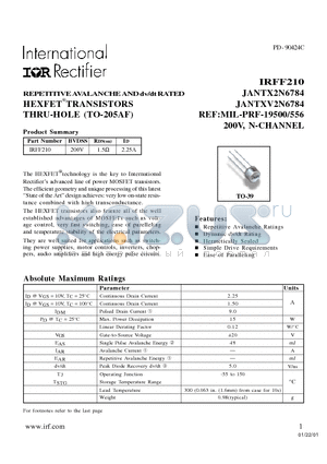IRFF210 datasheet - REPETITIVE AVALANCHE AND dv/dt RATED HEXFETTRANSISTORS THRU-HOLE (TO-205AF)