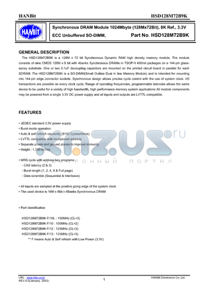 HSD128M72B9K-13 datasheet - Synchronous DRAM Module 1024Mbyte (128Mx72Bit), 8K Ref., 3.3V ECC Unbuffered SO-DIMM,