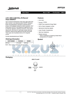 IRFF220 datasheet - 3.5A, 200V, 0.800 Ohm, N-Channel Power MOSFET