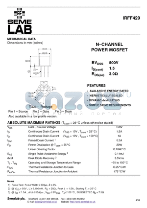IRFF420 datasheet - N-CHANNEL POWER MOSFET