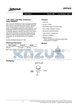 IRFF420 datasheet - 1.6A, 500V, 3.000 Ohm, N-Channel Power MOSFET