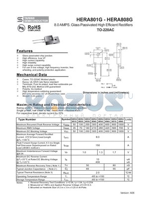 HERA806G datasheet - 8.0 AMPS. Glass Passivated High Efficient Rectifiers