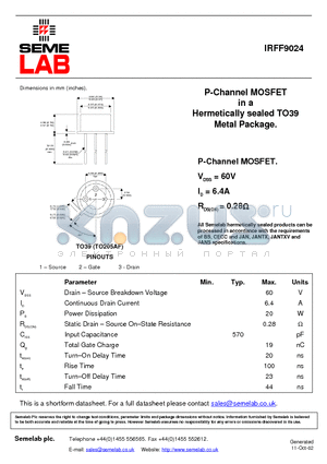 IRFF9024 datasheet - P-Channel MOSFET in a Hermetically sealed TO39