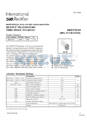 IRFF9210 datasheet - HEXFET TRANSISTORS THRU-HOLE (TO-205AF)