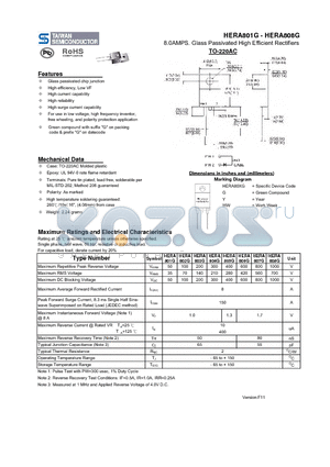 HERA808G datasheet - 8.0AMPS. Glass Passivated High Efficient Rectifiers