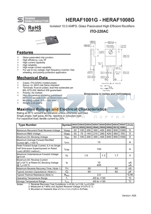 HERAF1001G datasheet - Isolated 10.0 AMPS. Glass Passivated High Efficient Rectifiers