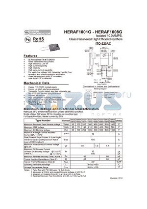 HERAF1001G datasheet - Isolated 10.0 AMPS. Glass Passivated High Efficient Rectifiers