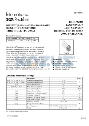 IRFF9220 datasheet - REPETITIVE AVALANCHE AND dv/dt RATED HEXFETTRANSISTORS THRU-HOLE (TO-205AF)