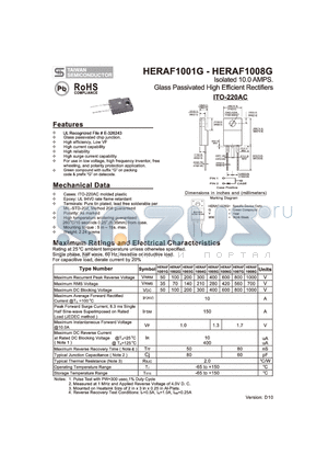 HERAF1002G datasheet - Isolated 10.0 AMPS. Glass Passivated High Efficient Rectifiers
