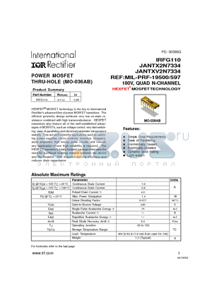 IRFG110 datasheet - POWER MOSFET THRU-HOLE (MO-036AB)