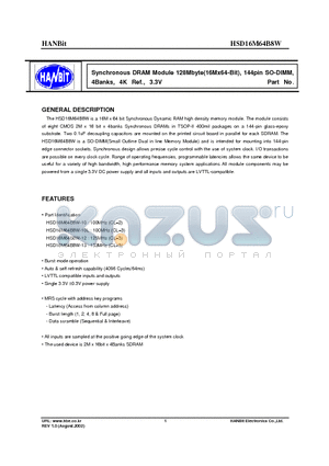 HSD16M64B8W-10L datasheet - Synchronous DRAM Module 128Mbyte(16Mx64-Bit), 144pin SO-DIMM, 4Banks, 4K Ref., 3.3V