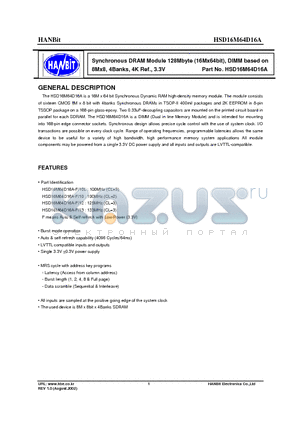 HSD16M64D16A-10 datasheet - Synchronous DRAM Module 128Mbyte (16Mx64bit), DIMM based on 8Mx8, 4Banks, 4K Ref., 3.3V