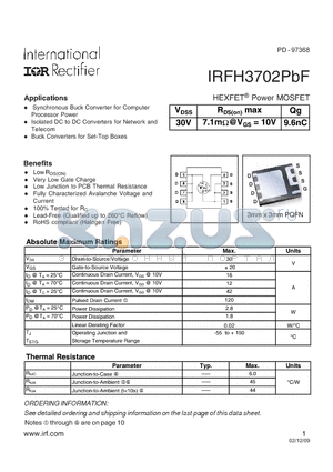 IRFH3702TRPBF datasheet - HEXFET Power MOSFET