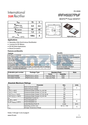 IRFH5007TRPBF datasheet - HEXFET Power MOSFET