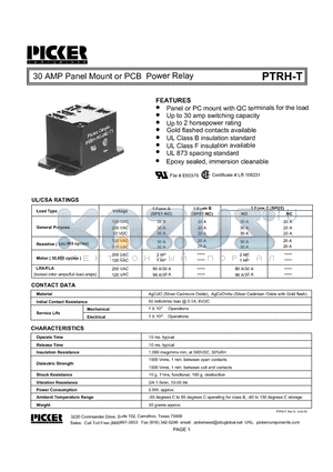 PTRH1C-12FT4 datasheet - 30 AMP Panel Mount or PCB Power Relay