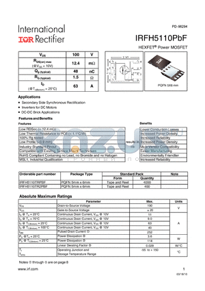 IRFH5110TR2PBF datasheet - HEXFET Power MOSFET