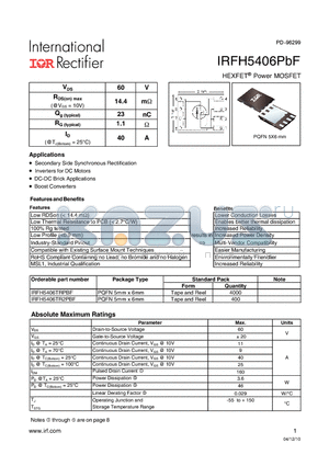 IRFH5406TRPBF datasheet - HEXFET Power MOSFET
