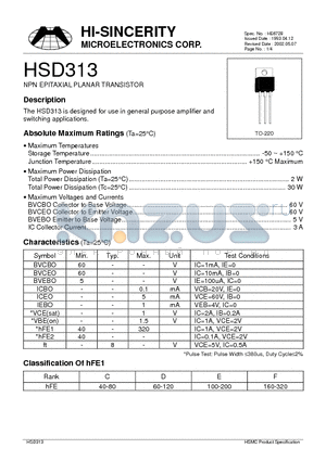 HSD313 datasheet - NPN EPITAXIAL PLANAR TRANSISTOR