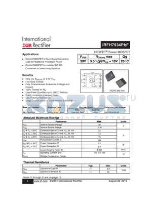 IRFH7934TRPBF datasheet - HEXFET Power MOSFET