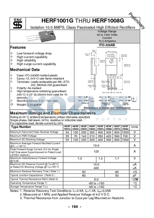 HERF1001G datasheet - Isolation 10.0 AMPS. Glass Passivated High Efficient Rectifiers