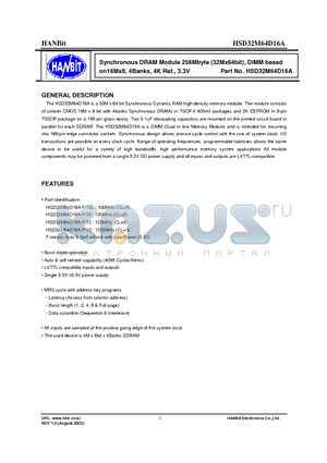 HSD32M64D16A datasheet - Synchronous DRAM Module 256Mbyte (32Mx64bit), DIMM based on16Mx8, 4Banks, 4K Ref., 3.3V