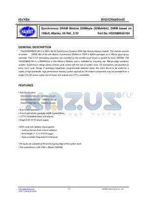 HSD32M64D16H datasheet - Synchronous DRAM Module 256Mbyte (32Mx64bit), DIMM based on 16Mx8, 4Banks, 4K Ref., 3.3V