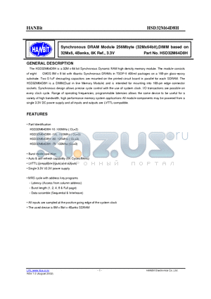 HSD32M64D8H-75 datasheet - Synchronous DRAM Module 256Mbyte (32Mx64bit),DIMM based on 32Mx8, 4Banks, 8K Ref., 3.3V