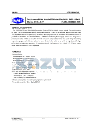 HSD32M64F8R-10L datasheet - Synchronous DRAM Module 256Mbyte (32Mx64bit), SMM ,16Mx16, 4Banks, 8K Ref. 3.3V