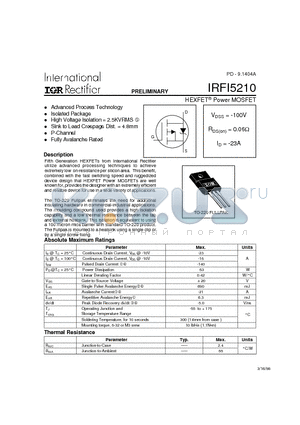 IRFI5210 datasheet - HEXFET Power MOSFET