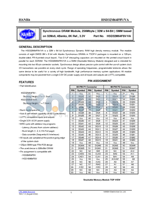 HSD32M64F8V-F13 datasheet - Synchronous DRAM Module, 256Mbyte ( 32M x 64-Bit ) SMM based on 32Mx8, 4Banks, 8K Ref., 3.3V