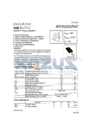 IRFI520GPBF datasheet - HEXFET Power MOSFET