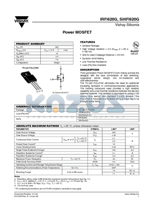 IRFI620GPBF datasheet - Power MOSFET