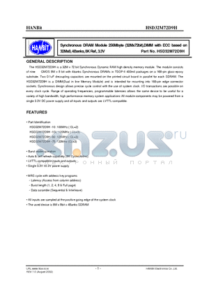 HSD32M72D9H-10 datasheet - Synchronous DRAM Module 256Mbyte (32Mx72bit),DIMM with ECC based on 32Mx8, 4Banks, 8K Ref., 3.3V