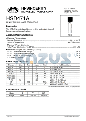 HSD471 datasheet - NPN EPITAXIAL PLANAR TRANSISTOR