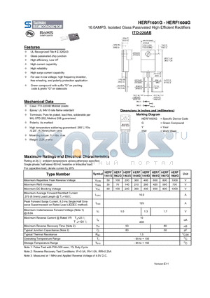 HERF1607G datasheet - 16.0AMPS. Isolated Glass Passivated High Efficient Rectifiers