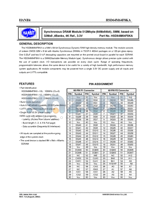 HSD64M64F8KA-13 datasheet - Synchronous DRAM Module 512Mbyte (64Mx64bit), SMM, based on 32Mx8 ,4Banks, 4K Ref., 3.3V