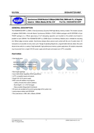 HSD64M72D18RP datasheet - Synchronous DRAM Module 512Mbyte (64Mx72bit), DIMM with PLL & Register based on 64Mx4, 4Banks, 8K Ref., 3.3V