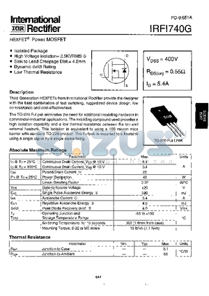 IRFI740 datasheet - Power MOSFET(Vdss=400V, Rds(on)=0.55ohm, Id=5.4A)