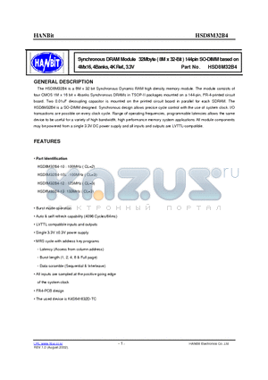 HSD8M32B4-10 datasheet - Synchronous DRAM Module 32Mbyte ( 8M x 32-Bit ) 144pin SO-DIMM based on 4Mx16, 4Banks, 4K Ref., 3.3V